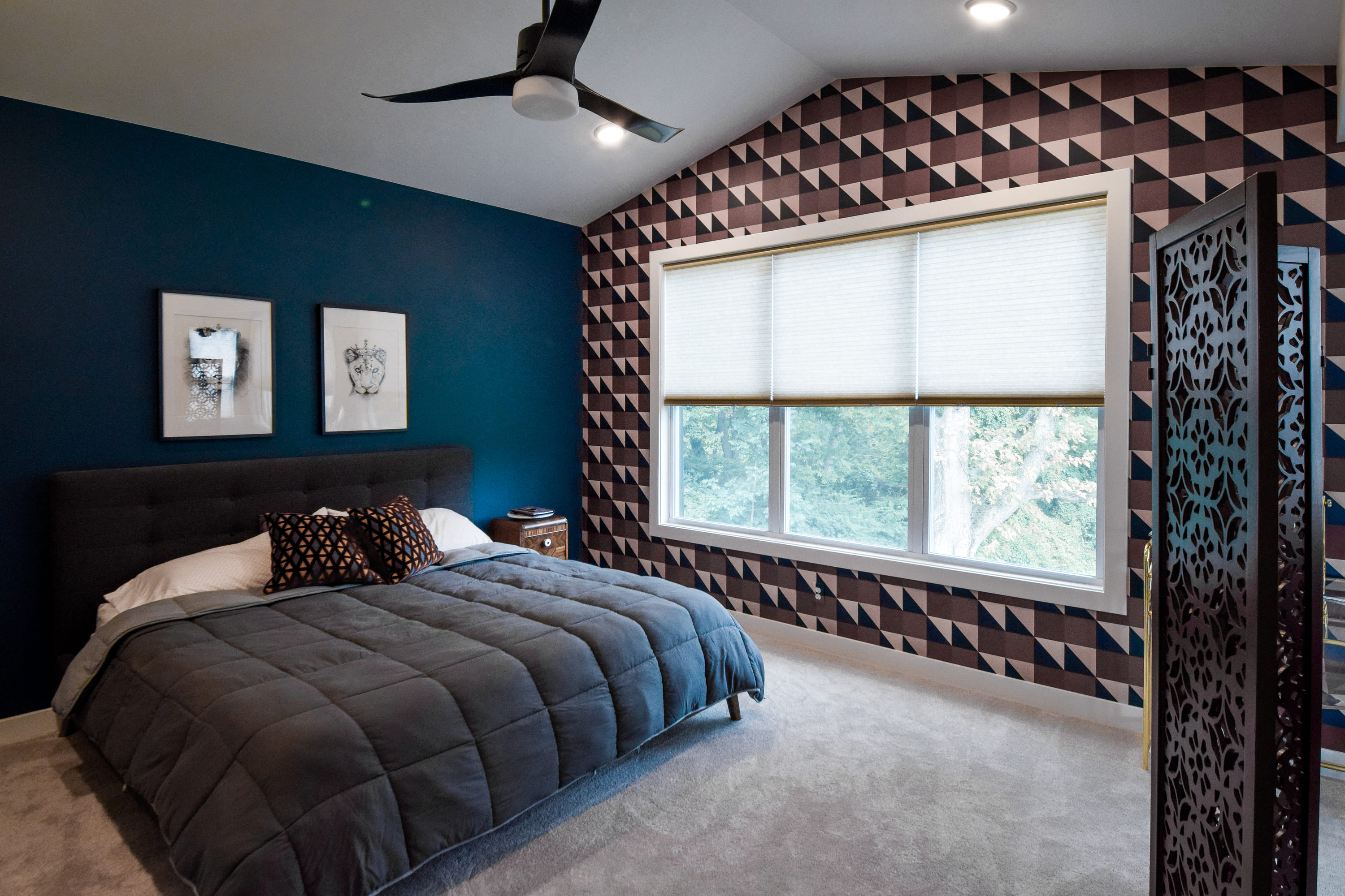 blue and purple mid century modern master bedroom by Chris Gorman Homes in Cincinnati