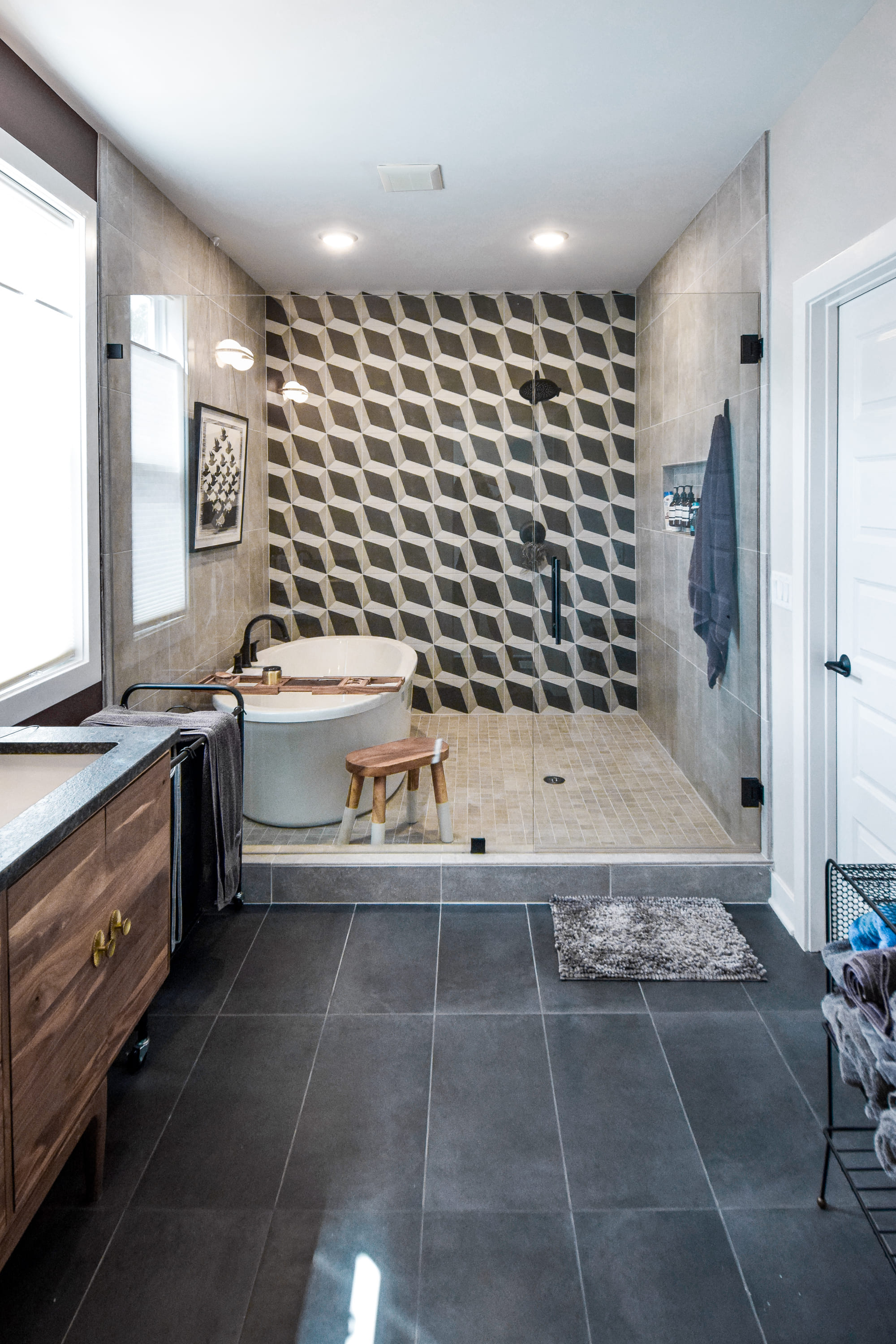 mid century bathroom with textured accent wall by Chris Gorman Homes in Cincinnati